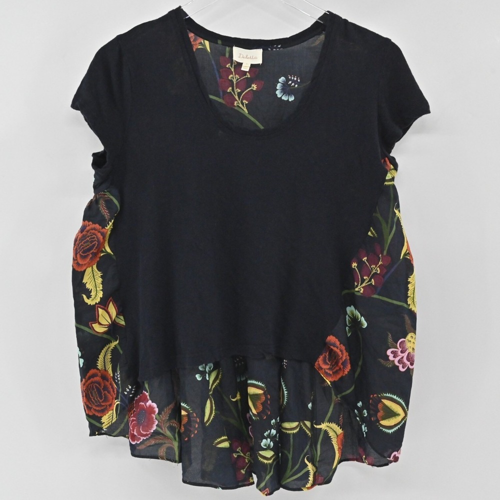 Anthropologie Deletta Floral Mixed Media Blouse Womens Size S Navy‎ Cotton Linen